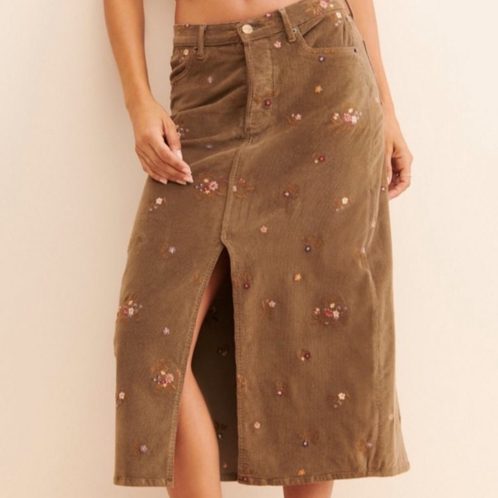 DRIFTWOOD Brown Corduroy Pencil Skirt with Floral Embroidery